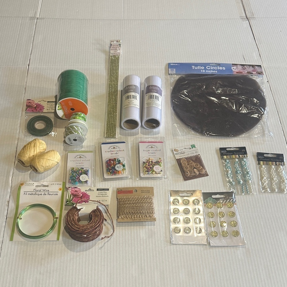 NWT Assorted Home Party craft Supplies Set with tulle ribbon brads stick ons